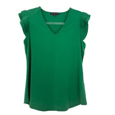 ADRIANNA PAPELL V-Neck Top S Simply Green Pleated Flutter Sleeve Stretch EUC B83