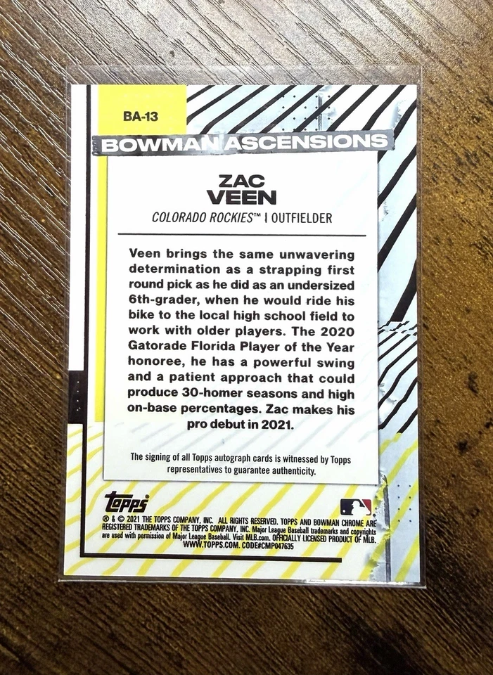 2021 Bowman Chrome - Bowman Ascensions Zac Veen #BA-13 Auto /121 Rockies - Image 2 of 2