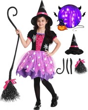 Halloween Witch Costume for Girls, Light Up Witch Dress with Hat and Broom