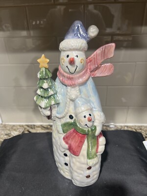 Ceramic Snowman Mother And child Holding Xmas Tree 13 inches tall Glossy New