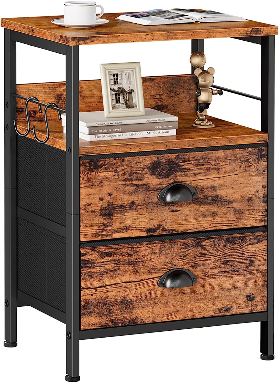 Compact Nightstand with 2 Fabric Drawers and Open Wood Shelf Bedside Table-image