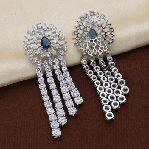 Luxus Cz Mehrlagig Halskette & Ohrring Set Mit Blauer Stein Braut Schmuck - Bild 8 von 11