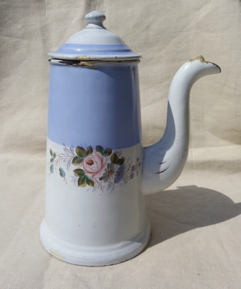 CHOCOLATIÈRE ANCIENNE ÉMAILLÉE - DÉCOR D'UN BOUQUET DE FLEURS - Photo 2/4