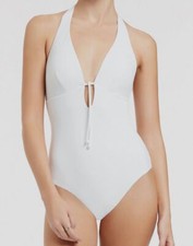  150 Jets Women's White Solid Plunge Halter One Piece Swimsuit Size AUS 10 US 6