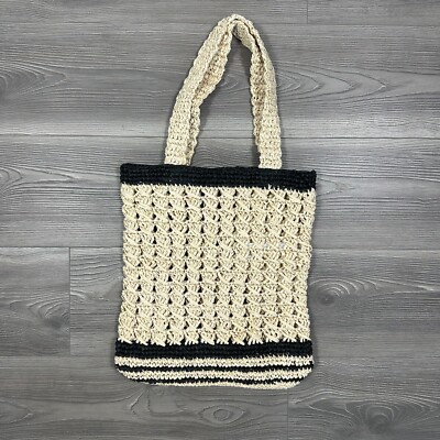 Zara Woven Macrame Tote Bag Neutral Black Striped Boho Market Bag NWOT