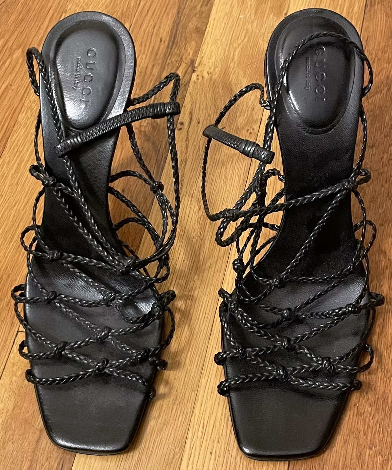 GUCCI cuir noir tressé talons ouverts chaussures 9 b