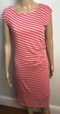 Ann Taylor LOFT Coral Striped Sheath Dress M  Jersey Knit Ruched Side