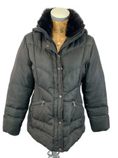 Larry Levine Down Feather Coat Jacket 12 Black Detached Hood Faux Fur Collar
