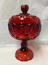 Vtg LE Smith Ruby Red Moon & Stars Glass Pedestal Compote Candy Dish Lid Glows