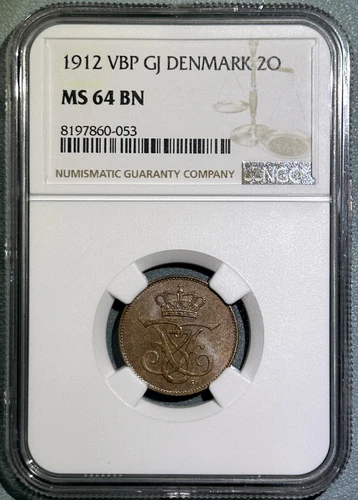 Denmark 1912 2 Ore Bronze Coin Choice BU Frederik VIII NGC MS64BN Km# 805
