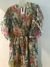 NWT!! Nine West Tropical Floral Sheer Tie Pom Pom Kimono Coverup M/L