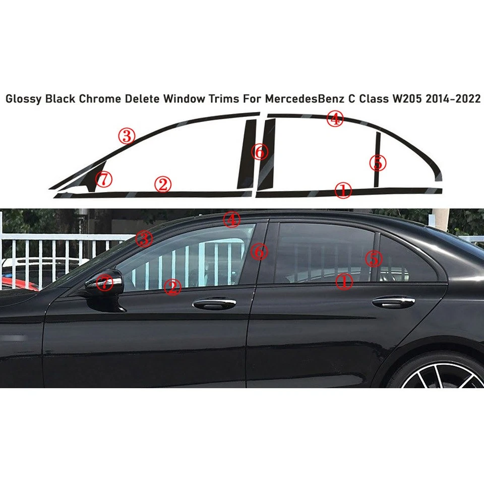 Glossy Black Chrome Delete Window Trims For Mercedes Benz C Class W205 2014-2022 Foto 4 de 4