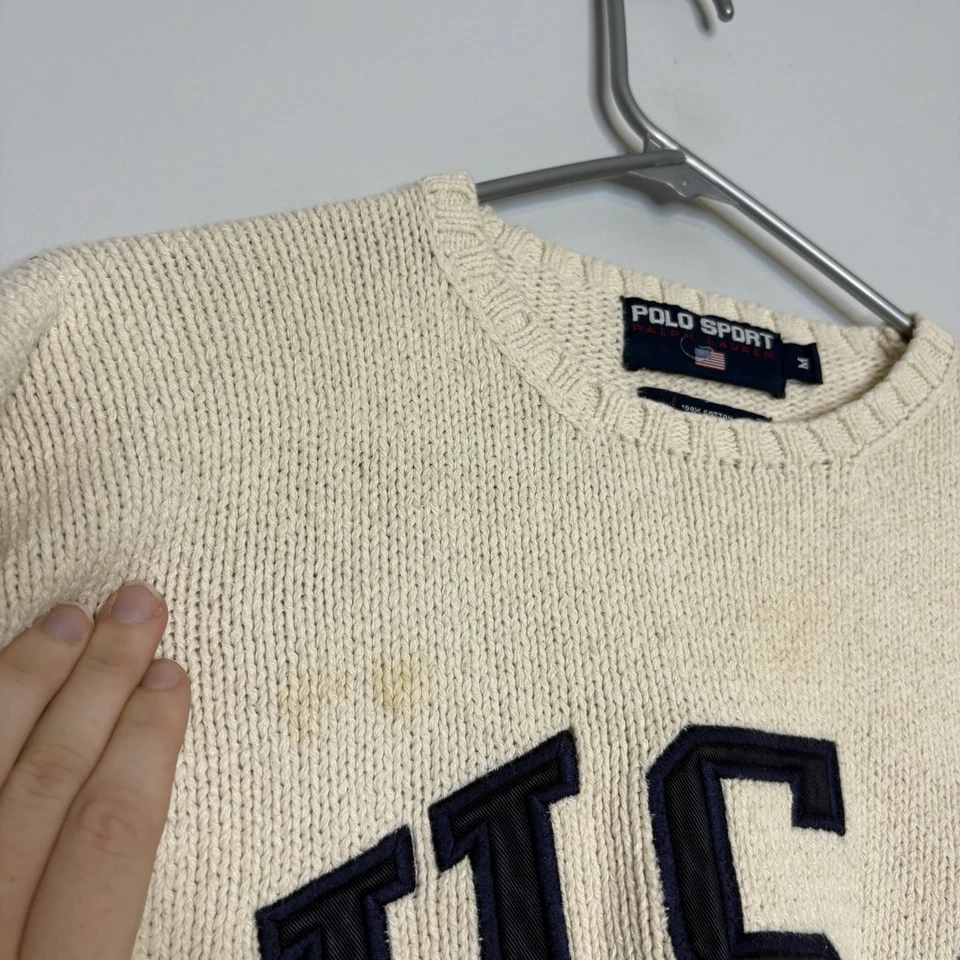 Suéter Tejido Vintage Años 90 Ralph Lauren Polo Deportivo Bandera Americana EE. UU. Talla M Crema Foto 3 de 4