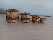 Tiny Brown Stripe Round Wicker Stacking Baskets With Lids Set
