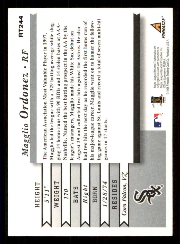 1998 Score Rookie Traded #244 Magglio Ordonez RC - Image 2 of 2
