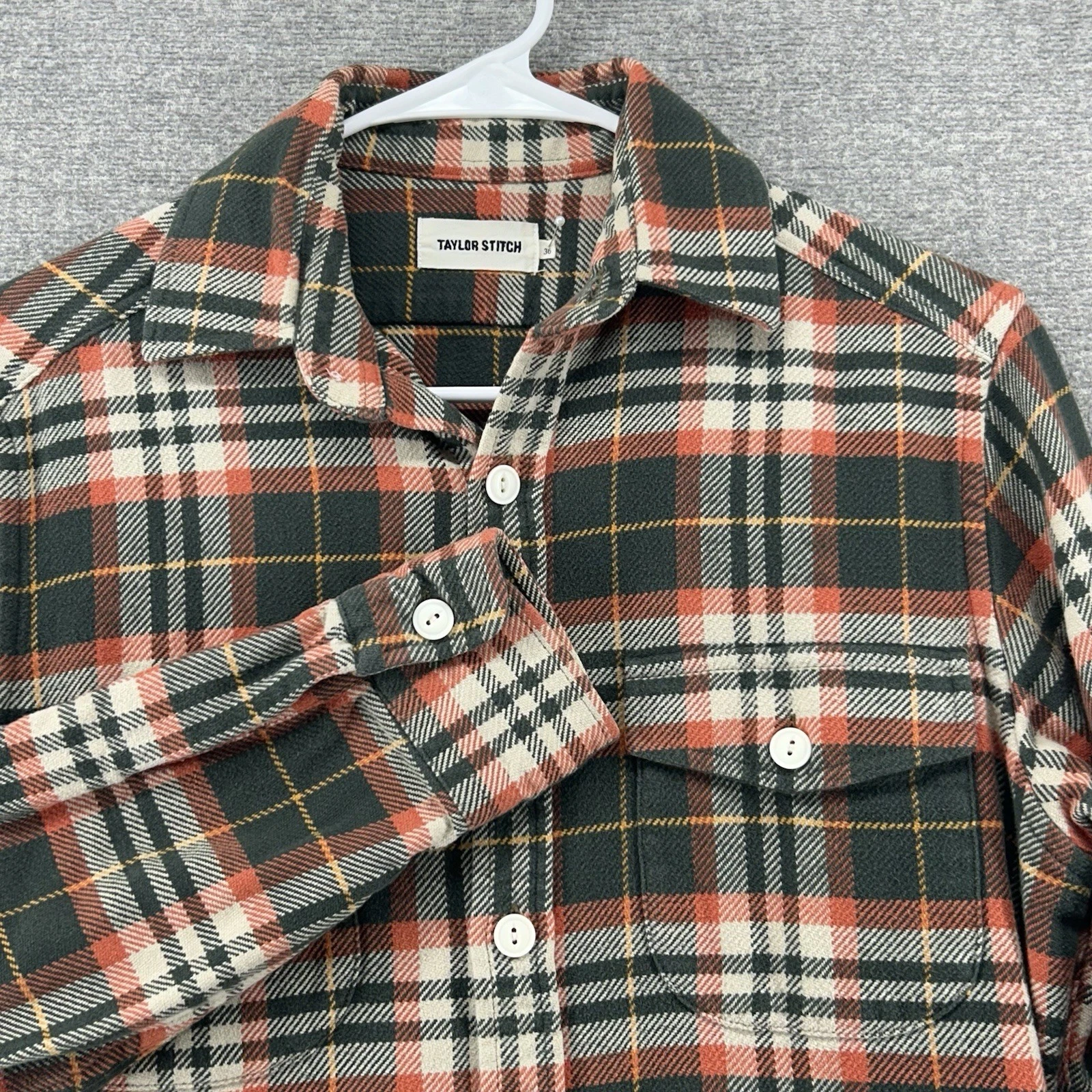 Taylor Stitch Flannel Shirt Men Sz 36 Green Orange Plaid Long Sleeve 100% Cotton