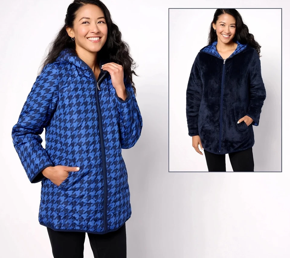 NUEVA Chaqueta con Capucha Susan Graver Reversible Acolchada y Felpa Polar Foto 4 de 4