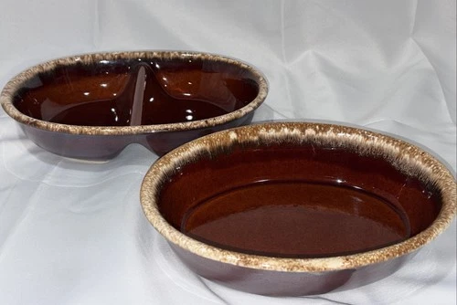 Vtg Hull Oven Proof USA Pottery Brown Drip Oval Serving Platter & Divided Dish