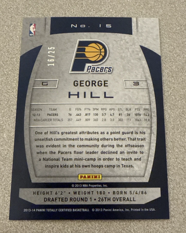 2013-14 Panini Totally Certified Gold #15 George Hill Pacers 16/25 - Image 2 of 2