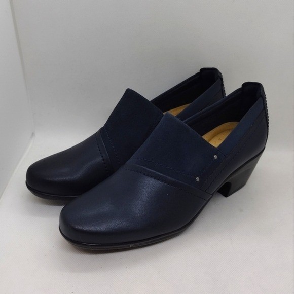 NEW Clarks Emily Step Heel Loafers Womens 8 Blue Casual Comfy Retro 90s Y2K