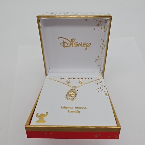 Disney Lilo & Stitch Ohana Means Family Necklace Earings Set LA Rocks 14k Plated