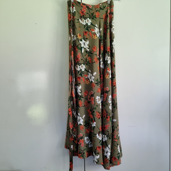 Free Love - free size ' Peace & Love ' olive green floral wrap around long skirt