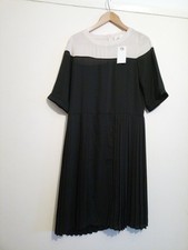 PAISIE black beige dress plisse skirt size 12 Pleated 2 Tone Midi Chiffon