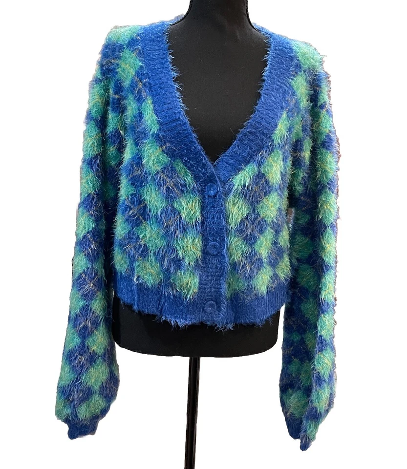 DELIA'S синий зеленый укороченный кардиган свитер Sz:1 X пушистый Argyle опрятный Kidcore