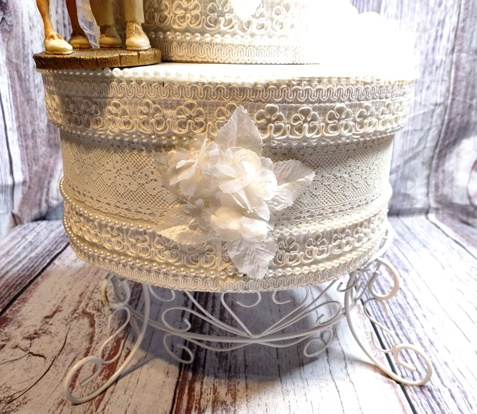 Decretive Round Storage Box Set of 2, Wedding Artificial Cake W/Stand +Toppers. - Image 3 of 4