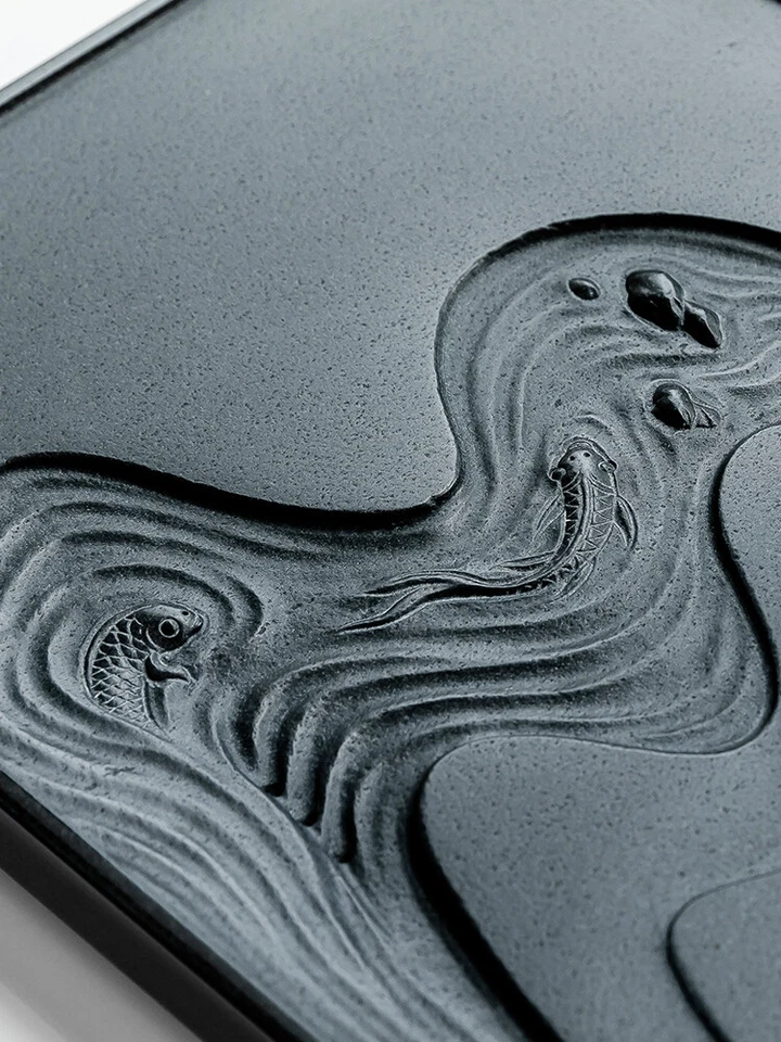 Bandeja de té de piedra negra tallada hecha a mano mesa de té de drenaje de agua bote de té con peso Foto 3 de 4