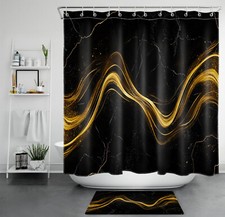 Gold Striped on Black and White Marble Shower Curtain Set for Bathroom Decor