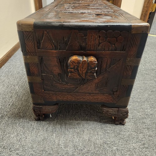Chinese Camphor Carved Asian Design Wood Chest with Brass Corners and Lock  - Picture 5 of 18