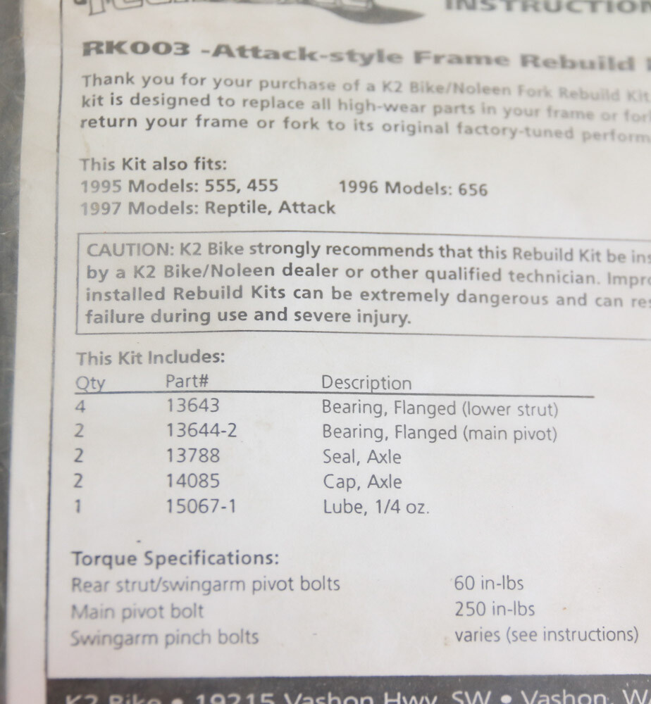 K2 NOLEEN RK003 Pro-Flex Attack Style Frame Rebuild Kit