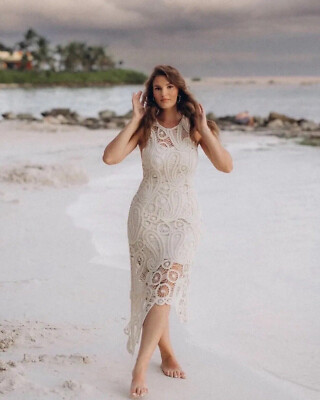 crochet knit beach midi dress Beachside Crochet Knit Long Sleeve Midi Dress Oat