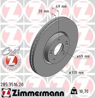 2X Zimmermann 285.3516.20 Bremsscheibe FüR Hyundai Kia