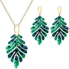 Elegant Green Leaf Bridal Jewelry Set - Necklace  Dangle Earrings for Women