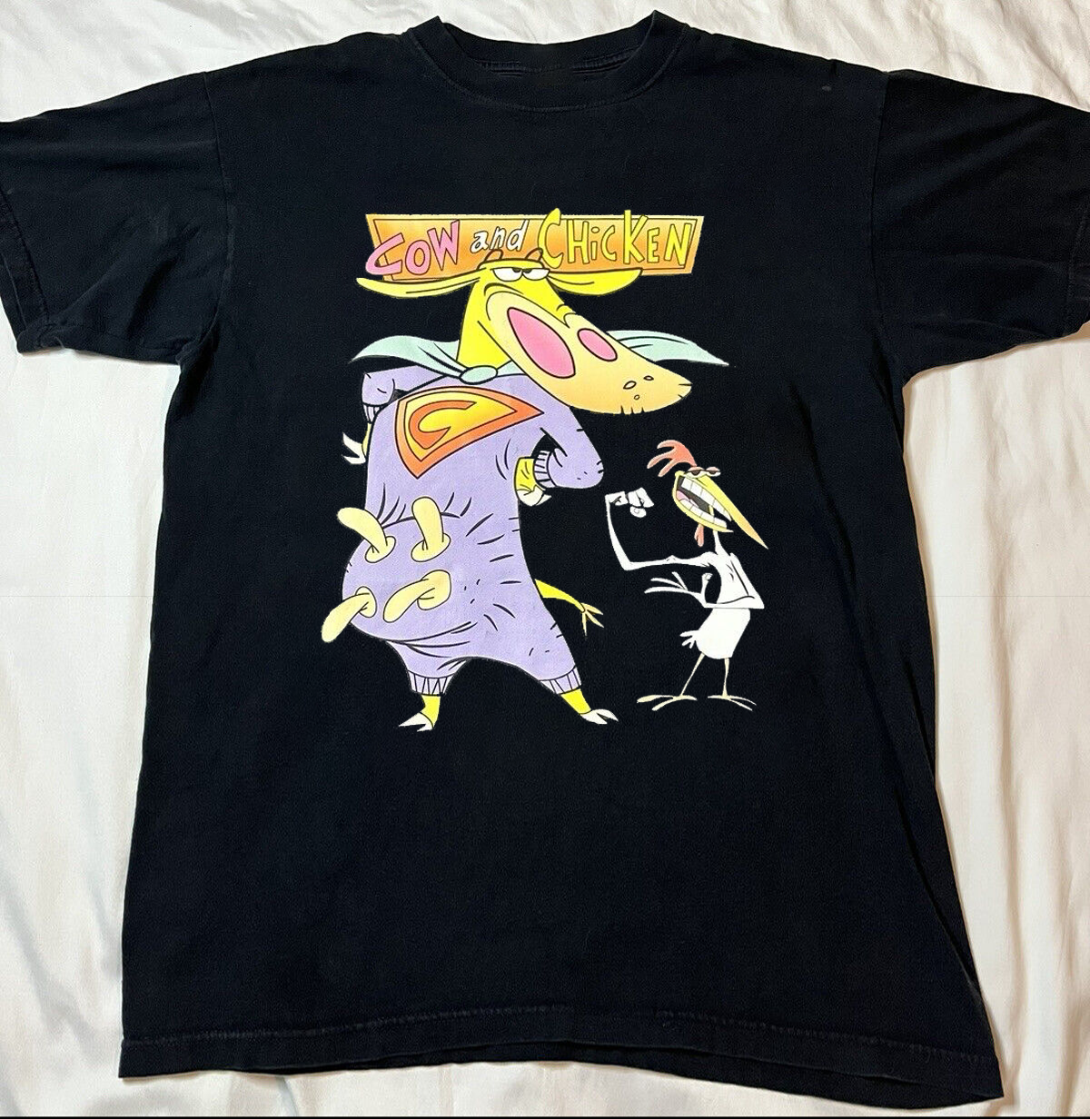 Cow and Chicken Graphic Cartoon Unisex Tee Heavy Cotton Shirt