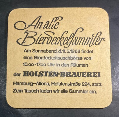 HOLSTEN BIER BEER COASTER 3.5 INCH SQUARE BREWERY SCHMECT NACH MEHR