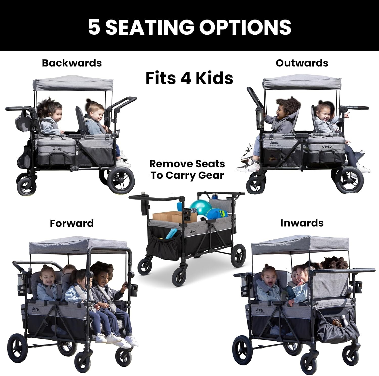 4 Seater Stroller Wagon Premium Quad Stroller Wagon for 4 Kids with Convertible