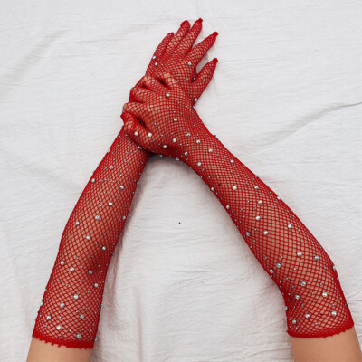 Lady Fishnet Rhinestone Hollow Out Long Gloves Wedding Glitter