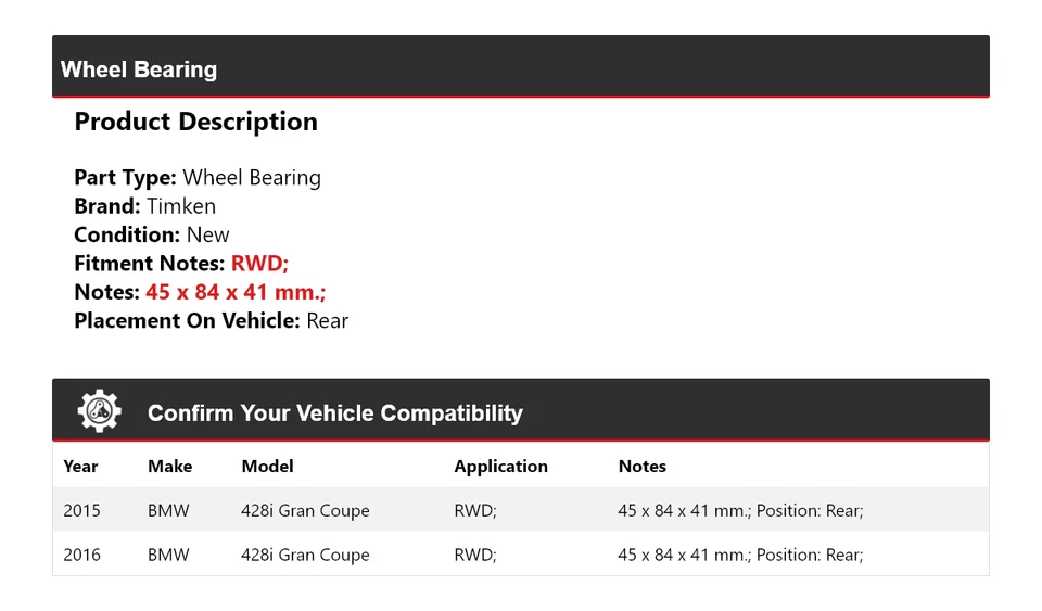 Cojinete de rueda trasero Timken para BMW 428i Gran Coupé 2015-2016 tracción trasera Foto 2 de 4