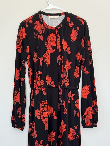 Tory Burch Red Black Mountain Paisley Heavy Jersey Viscose Maxi Dress S POCKETS - Picture 2 of 8