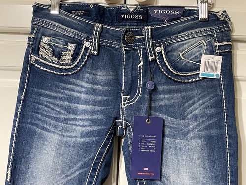 NWT VIGOSS The Dublin Medium Wash Denim Slim Boot Rhinestone Jean Size W25/L33 - Picture 4 of 11