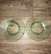 2 Hazel Atlas Green Windmill Basket Weave 8" plate Uranium Depression Glass