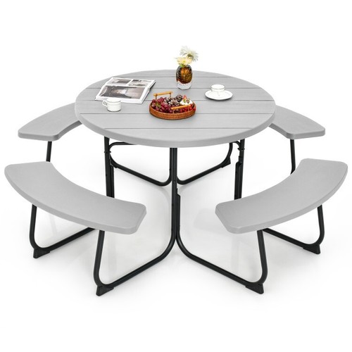 8-Person Outdoor Round Picnic Table & Bench Set with Umbrella Hole & 4 Benches - Picture 2 of 7