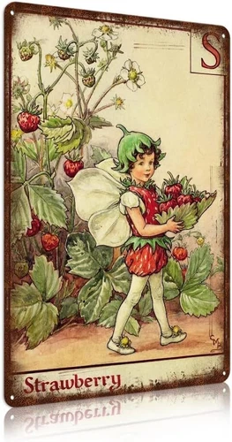 Flower Fairy Wall Decor Vintage Metal Tin Signs Fairy Garden Accessories - Straw