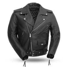 Men's First Manufacturing Black Leather Motorcycle Jacket FMM200BMP Size S