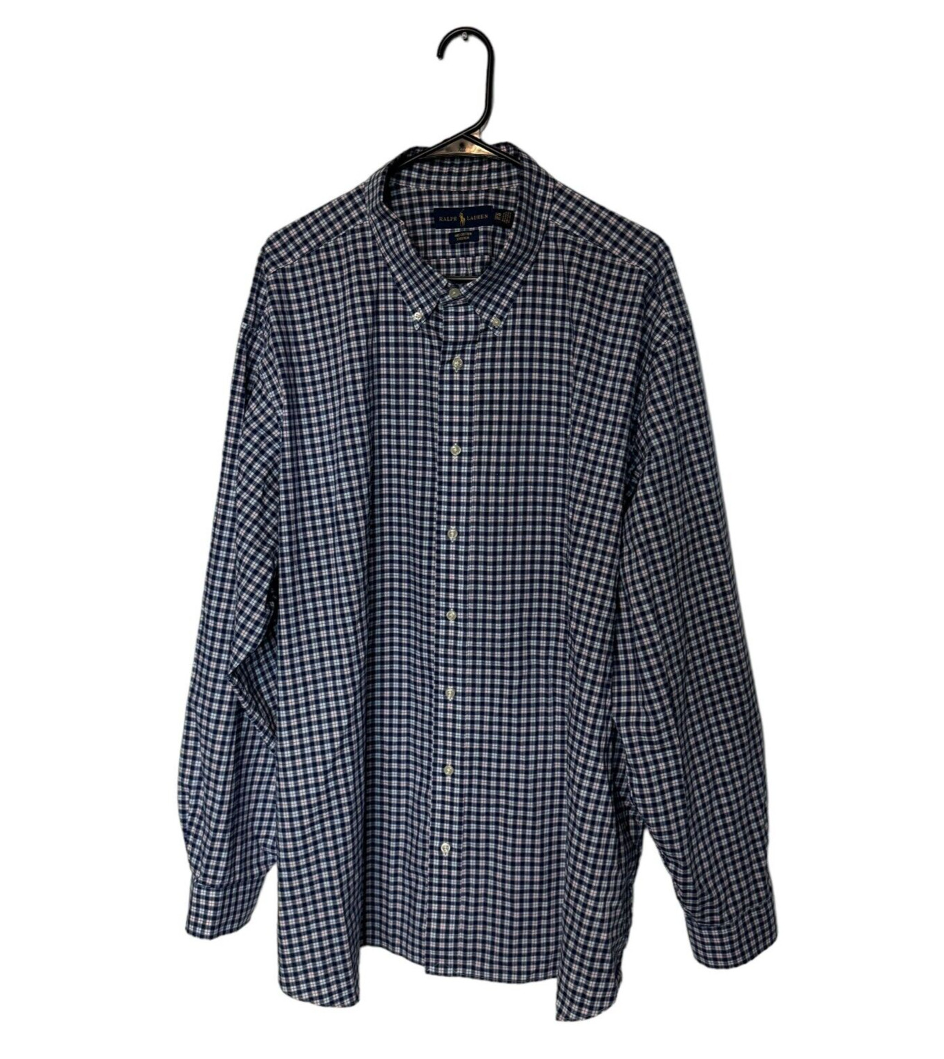 Camicia Ralph Lauren da uomo 3XB blu navy a quadretti maniche lunghe pony  cotone elasticizzato