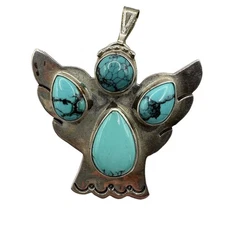Sterling Silver 925 Turquoise Angel Pendant Brooch Pin Southwestern Cabochon