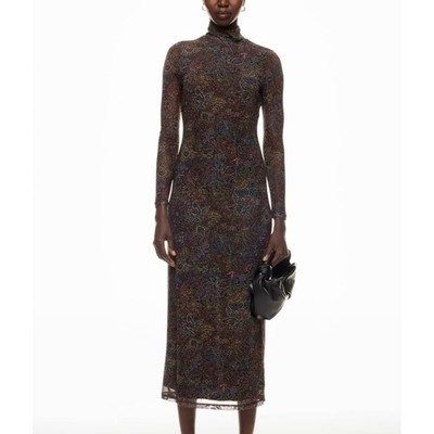 Rosetta Getty Mesh Midi Dress XL Black Floral Cocktails Designer Bodycon $440
